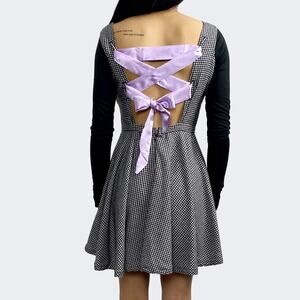 Gothic Lolita Houndstooth Print Lavender Corset Tie Back Pleated Dress Sz Small